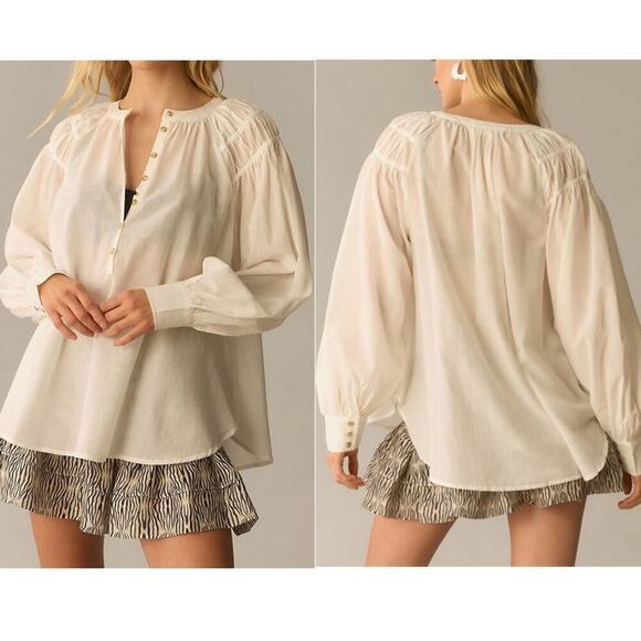 Anthropologie Pilcro White Pleated Shoulder Oversize Popover Blouse (L) - Picture 12 of 12